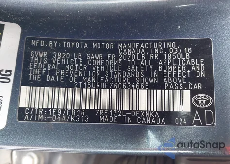 2016 Toyota Corolla Le из США, поврежденный, VIN 2T1BURHE7GC634665